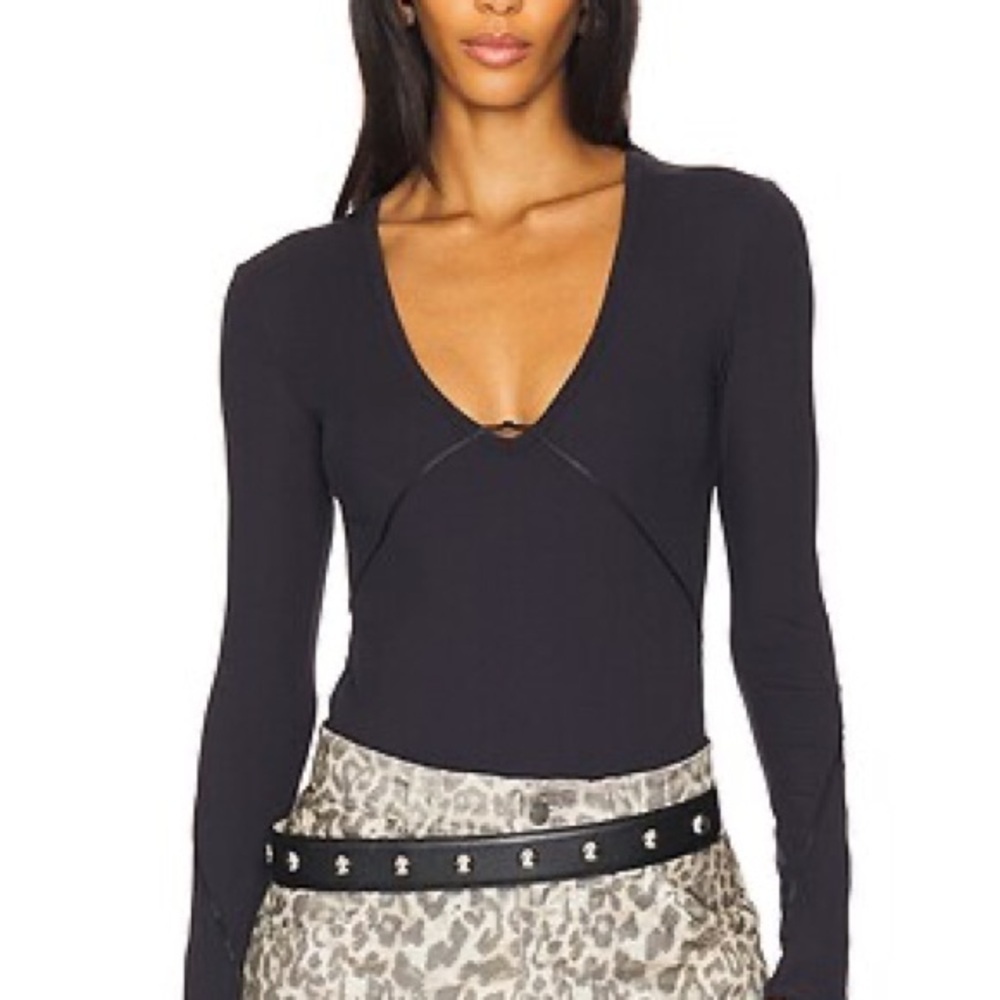 New Small Intimately Free People Deep V Ribbed Long Sleeve Bodysuit Navy Blue